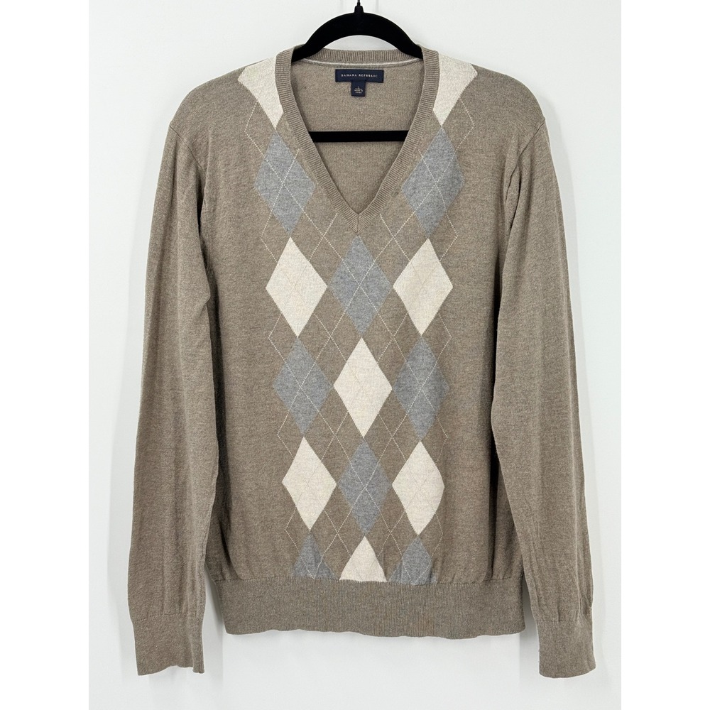 Banana Republic Argyle Sweater Mens sz L Silk cashmere Preppy quiet luxury‎